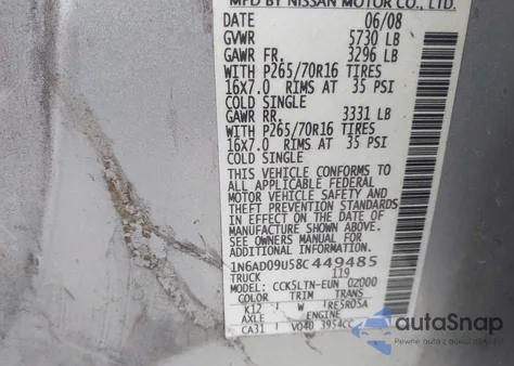 2008 Nissan Frontier Se z USA, uszkodzony, nr VIN 1N6AD09U58C449485